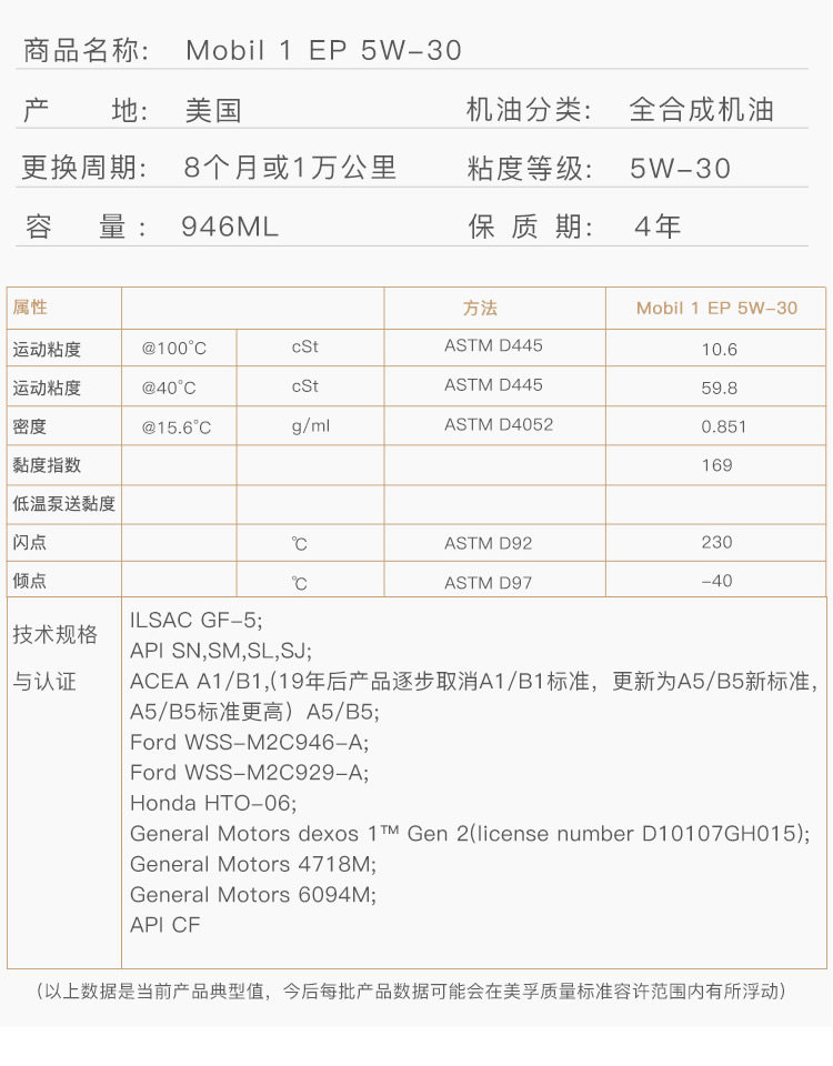 美孚1號(hào)全合成機(jī)油 長(zhǎng)效型 EP5W-30 A1/B1 SN 1Qt裝-第4張圖片-鄭州市冠恒貿(mào)易有限公司【官方網(wǎng)站】-車用潤(rùn)滑油服務(wù)專家